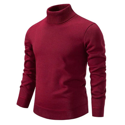 Roter Rollkragenpullover für Herren, aus weichem Strickmaterial, ideal für Herbst und Wintermode, stilvoll und warm.
