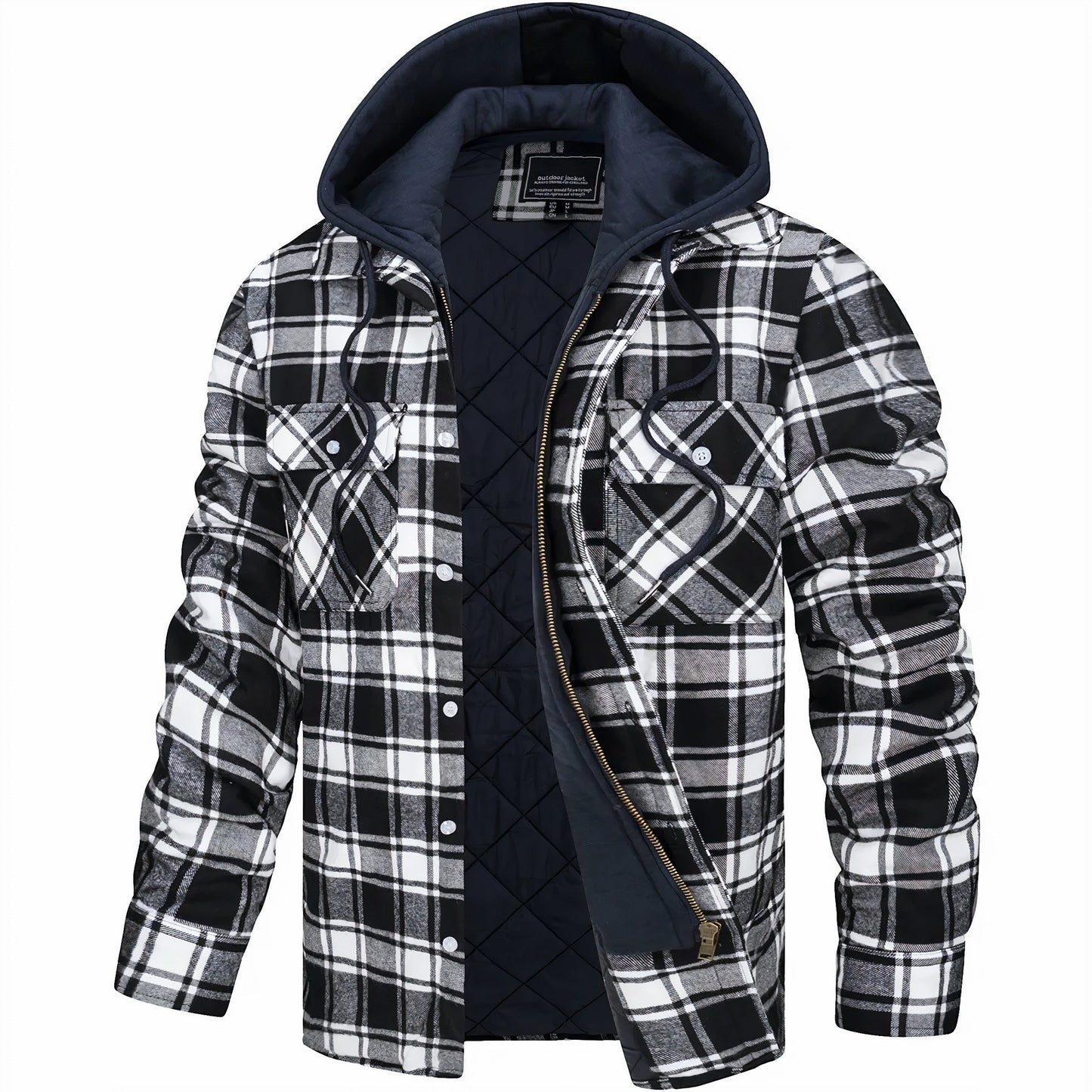 Schwarz-weiß karierte Herrenjacke mit Kapuze, gefüttert, Reißverschluss und Knopfleiste, ideal für Herbst und Winter. Modische Outdoor-Bekleidung.
