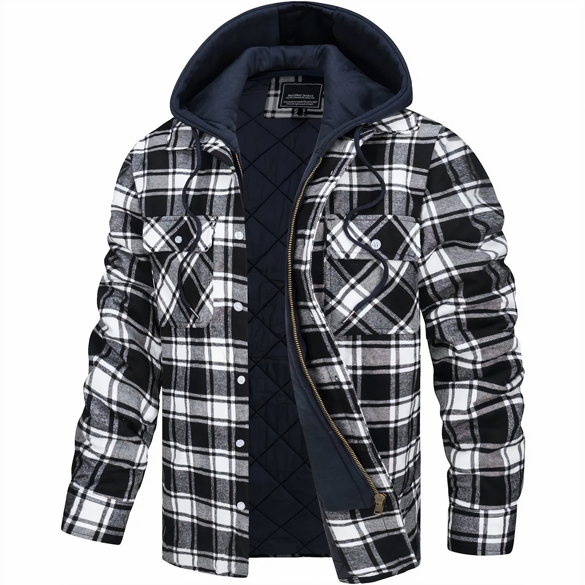 Schwarz-weiß karierte Herrenjacke mit Kapuze, gefüttert, Reißverschluss und Knopfleiste, ideal für Herbst und Winter. Modische Outdoor-Bekleidung.