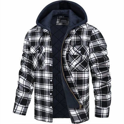 Schwarz-weiß karierte Herrenjacke mit Kapuze, gefüttert, Reißverschluss und Knopfleiste, ideal für Herbst und Winter. Modische Outdoor-Bekleidung.