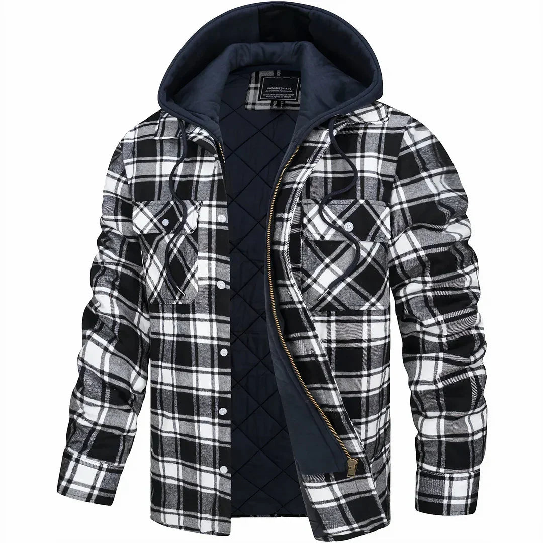 Schwarz-weiß karierte Herrenjacke mit Kapuze, Reißverschluss und Knopftaschen. Modische Winterjacke, warm gefüttert, ideal für kalte Tage.