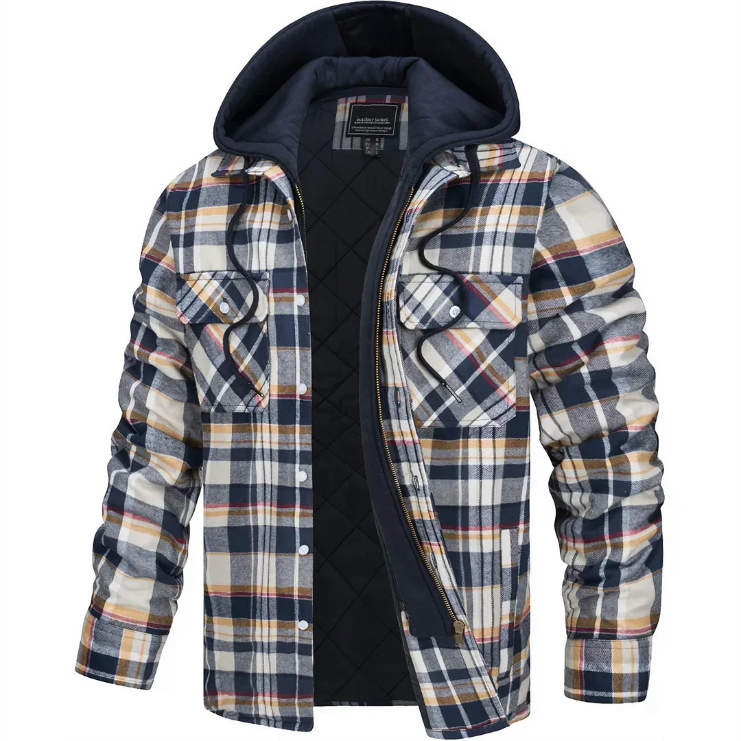 Kariertes Herrenhemd mit Kapuze, gefüttert, blau-weißes Muster, Langarm, Freizeitmode, ideal für Herbst und Winter, warme Oberbekleidung.