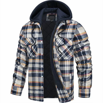 Kariertes Herrenhemd mit Kapuze, gefüttert, blau-weißes Muster, Langarm, Freizeitmode, ideal für Herbst und Winter, warme Oberbekleidung.