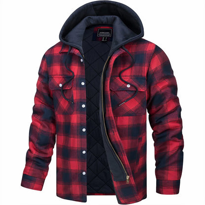 Rote karierte Herrenjacke mit Kapuze, gefüttert, Reißverschluss und Druckknöpfen. Modische Winterjacke, ideal für Outdoor-Aktivitäten.