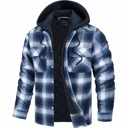 Blau-weiß karierte Herrenjacke mit Kapuze, Reißverschluss und Knopfleiste. Gefütterte Winterjacke, ideal für kalte Temperaturen.