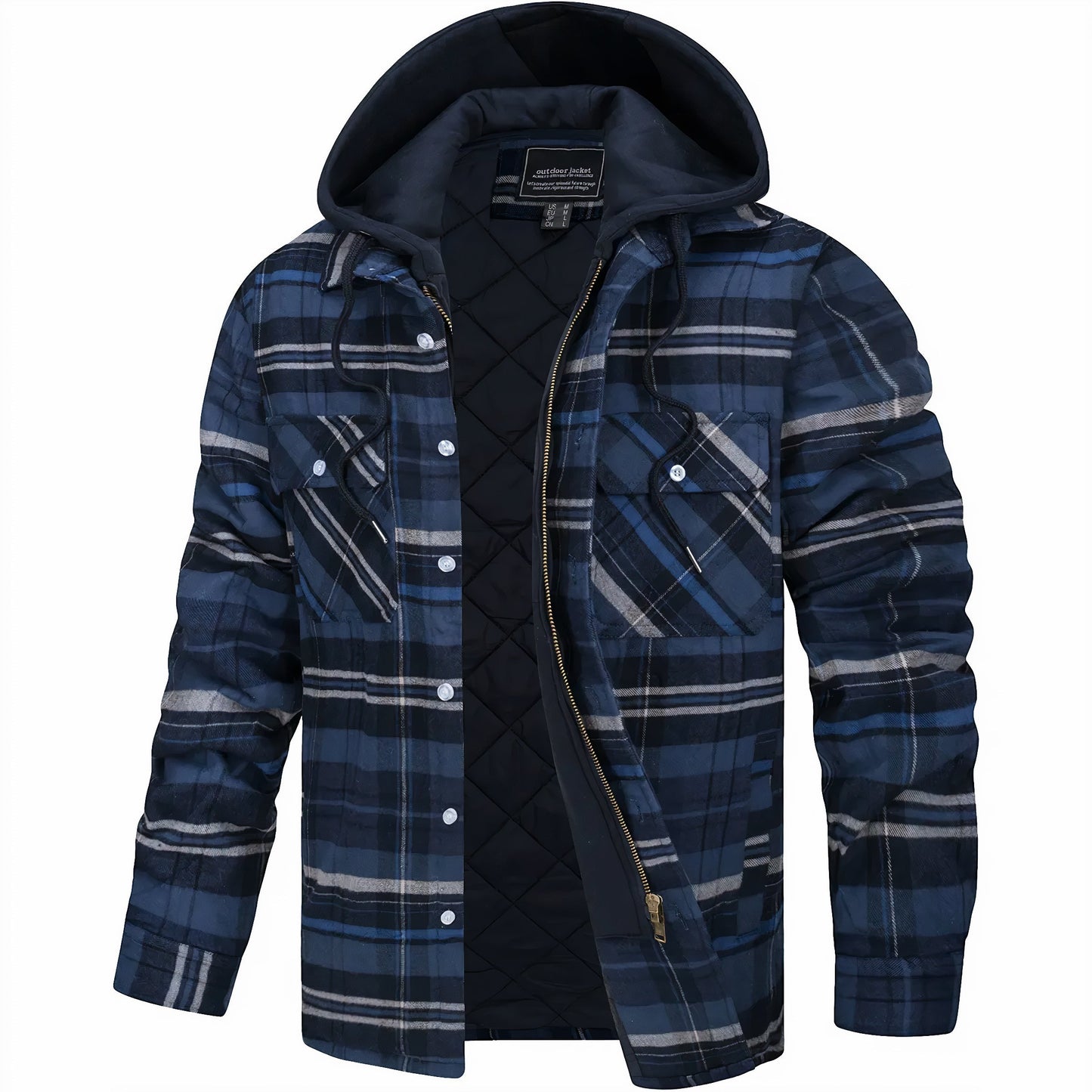 Blaue karierte Herrenjacke mit Kapuze, Reißverschluss und zwei Brusttaschen. Modische Winterjacke, warm gefüttert, ideal für kalte Tage.