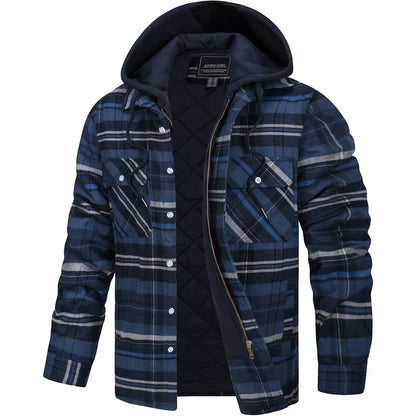 Blaue karierte Herrenjacke mit Kapuze, Reißverschluss und zwei Brusttaschen. Modische Winterjacke, warm gefüttert, ideal für kalte Tage.