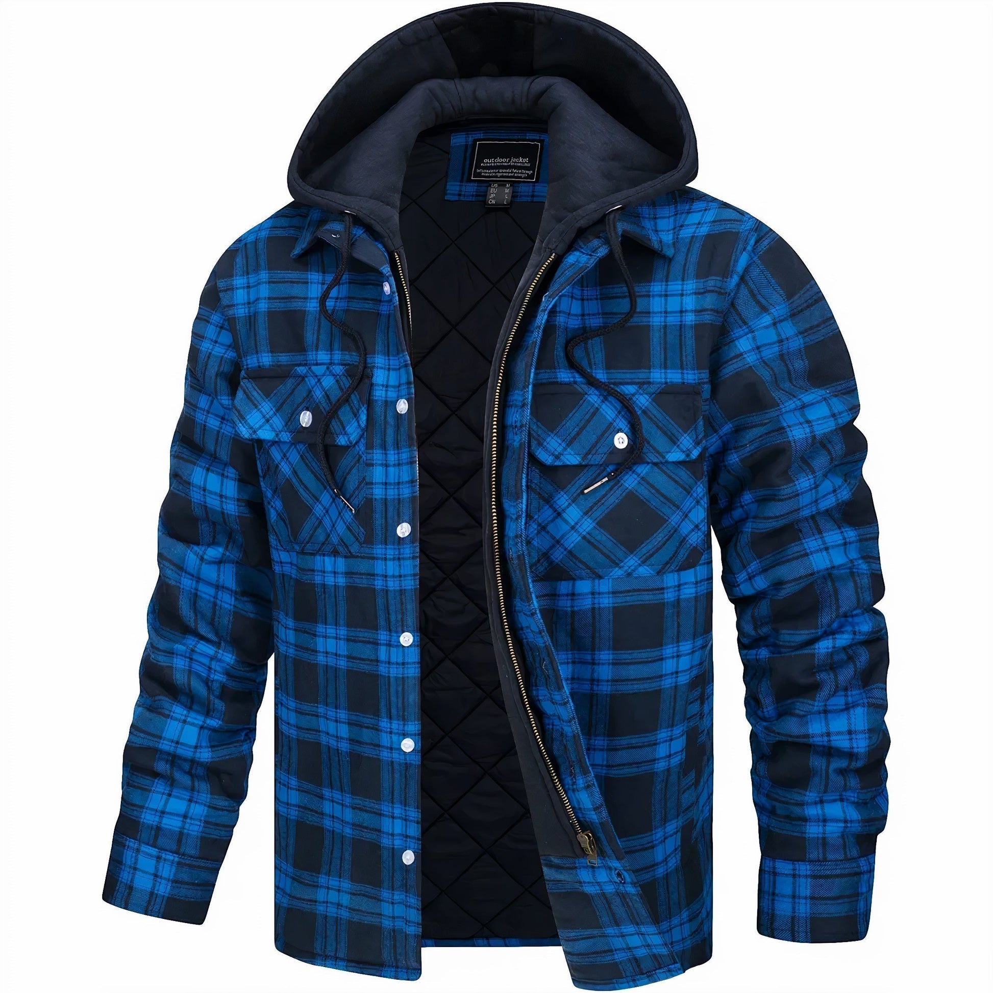 Blau-schwarz karierte Herrenjacke mit Kapuze, Reißverschluss und Druckknöpfen, ideal für Herbst und Winter. Warm gefüttert, modisches Design.