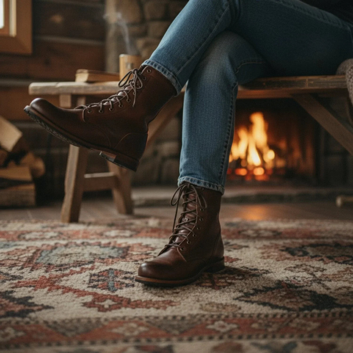 Braune Combat Boots aus Leder für Damen, wadenhoch und mit Schnürung