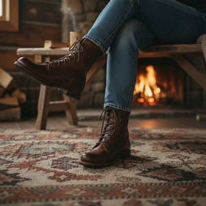 Braune Combat Boots aus Leder für Damen, wadenhoch und mit Schnürung
