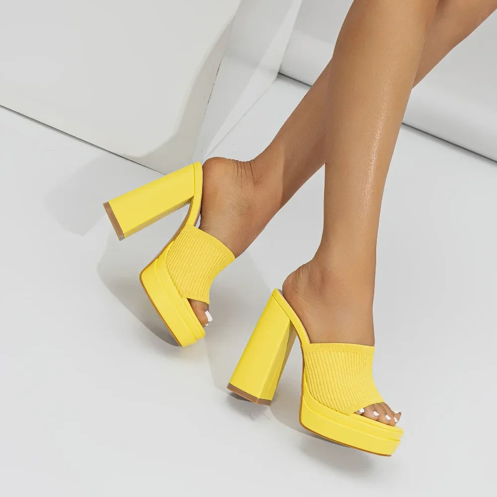 Damen Strick-Plateausandalen mit offener Zehenpartie und klobigem Absatz