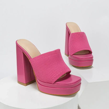 Damen Strick-Plateausandalen mit offener Zehenpartie und klobigem Absatz