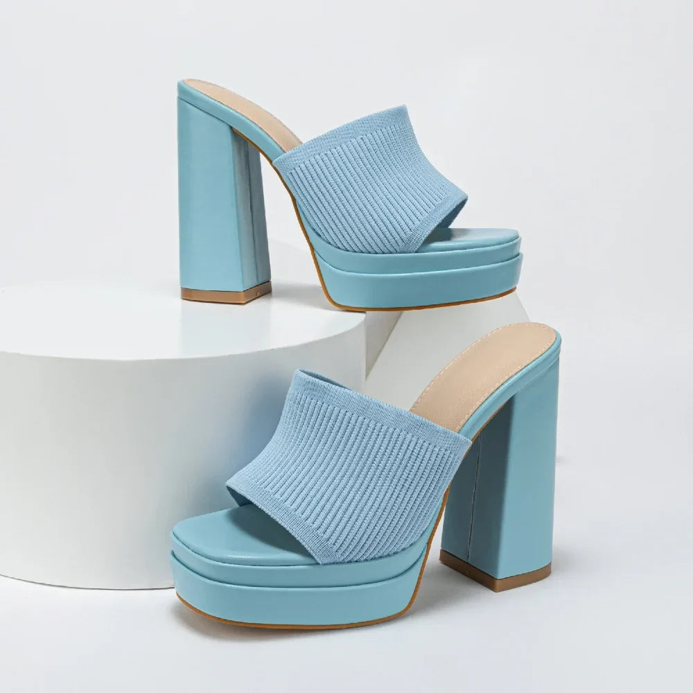Damen Strick-Plateausandalen mit offener Zehenpartie und klobigem Absatz