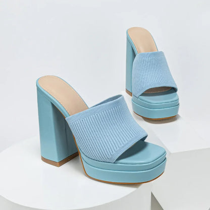 Damen Strick-Plateausandalen mit offener Zehenpartie und klobigem Absatz