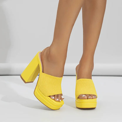 Damen Strick-Plateausandalen mit offener Zehenpartie und klobigem Absatz